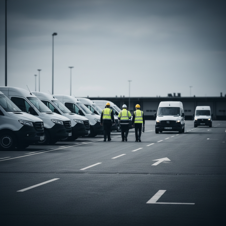 fleet of vans with workers strolling