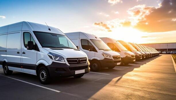 white delivery van fleet parked in row at sunset with clear sky and warm light creating calm and professional atmosphere free photo